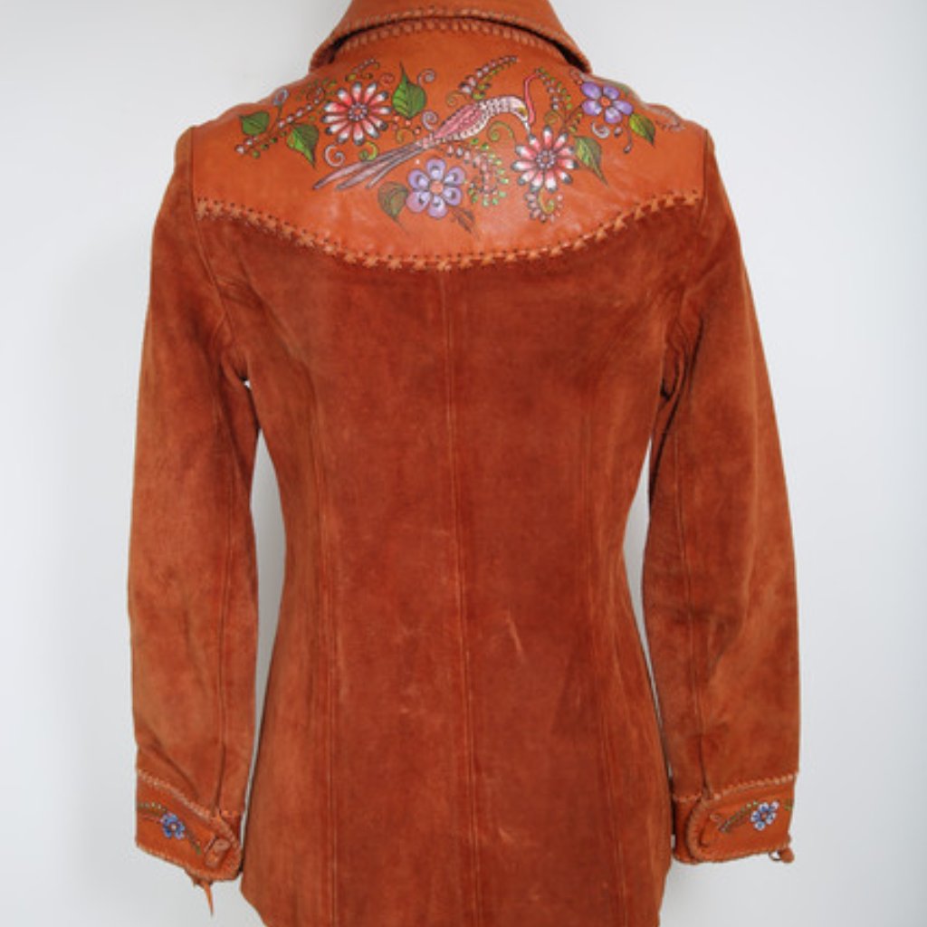 70s Char Leather & Suede Jacket Shirt With Hand Painted Bird & Floral Boho Hippy